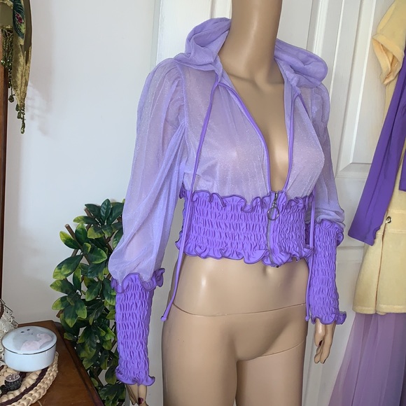 Y2K Custom purple Sheer mesh chiffon Sexy Hooded jacket top M - Picture 5 of 15
